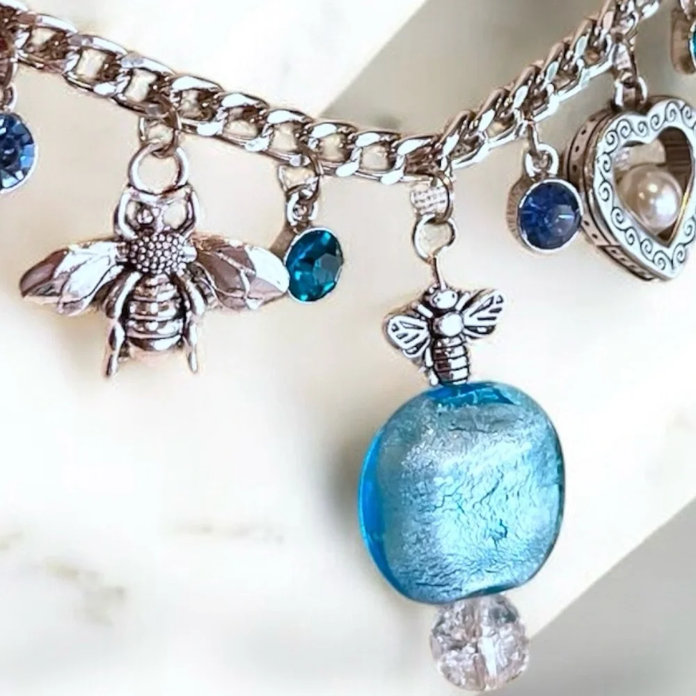 Fun and Pretty Silver and Blue Toned Charm Necklace Vintage and New Charms